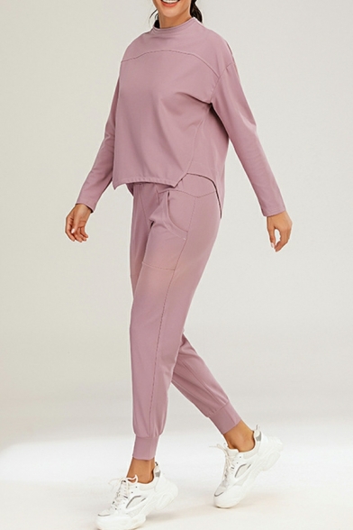Women's Plain Fitness Suit Long-sleeved Round Neck Irregular Hem Top & Slim Elastic Trousers