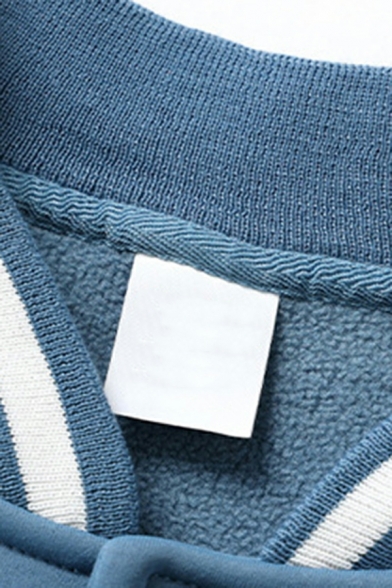 Basic Striped Print Pocket Long Sleeve Stand Collar Loose Button Closure Baseball Jacket