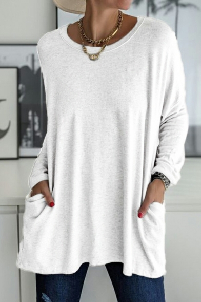 Basic Women Plain Long-sleeved Pocket Front Round Neck Loose Fitted Tee Top