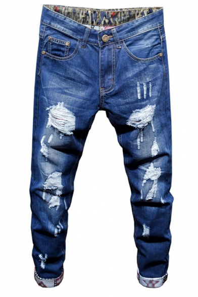 Boy's Cool Plain Distressed Detail Zip Placket Pocket Ankle Length Mid Rise Jeans