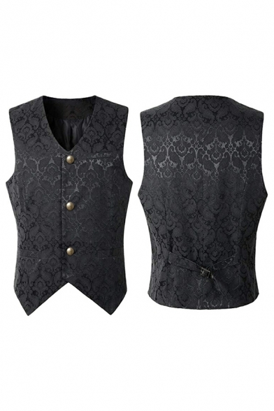 Boy's Unique Jacquard Print Pocket Sleeveless V Neck Fitted Button Down Vest