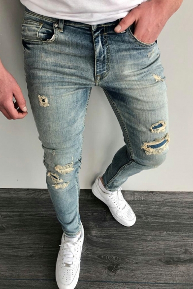 Chic Whole Colored Mid Waist Slimming Broken Hole Zip Fly Jeans for Boys