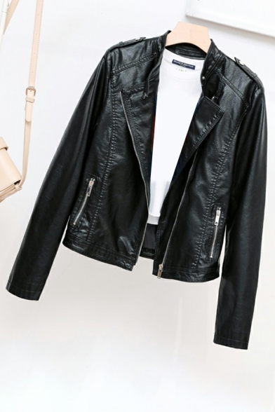 Cool Women Pure Color Pocket Stand Collar Long-Sleeved Fitted Zipper Leather Jacket