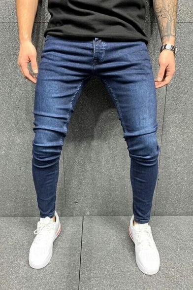Elegant Pure Color Pocket Detailed Mid Rise Full Length Slim Zipper Jeans for Guys