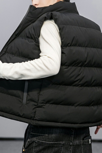 Fancy Leather Plain Pocket Front Stand Neck Regular Fitted Zip-up Vest for Men