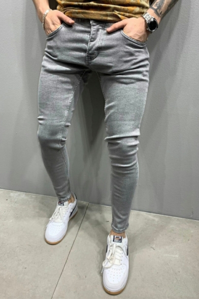 Fashion Mens Plain Pocket Mid Waist Long Length Skinny Zip Placket Jeans