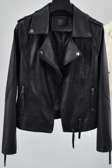 Girls Fashionable Plain Lapel Collar Long Sleeves Pocket Zip Fly Regular Leather Jacket
