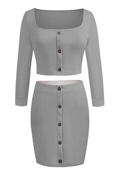 Ladies Slim Sexy Skirt Set with One Shoulder Long Sleeve Square Neck Top