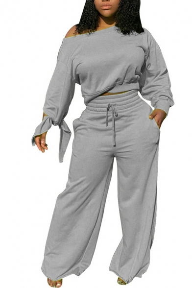Ladies Stylish Solid One Shoulder Long Sleeves Sweatshirt with Drawstring Pants Set