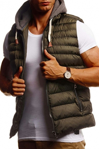 Leisure Men Plain Hooded Drawstring Pocket Decoration Regular Fit Zipper Vest