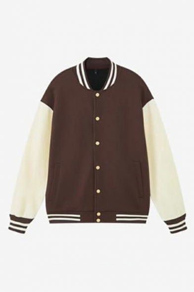 Men Classic Striped Printed Long-Sleeved Stand Collar Baggy Button Up Baseball Jacket