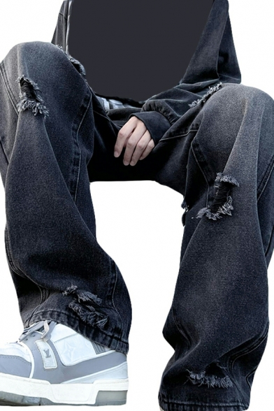 Men Street Look Pure Color Pocket Mid Waist Zipper Distressed Cargo Pants