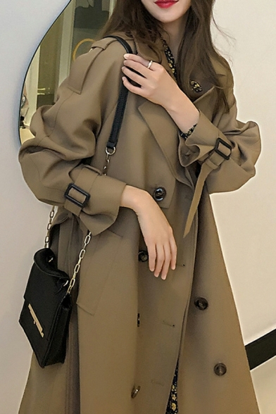 Modern Ladies Whole Colored Lapel Collar Regular Long Sleeve Double-Breasted Trench Coat