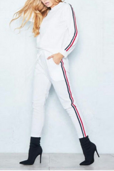 Popular Girls Stripe Pattern Crew Neck Long Sleeve Sweatshirt with Ankle Length Pants Set