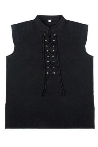 Popular Guy's Pure Color Cross Drawstring Stand Collar Fitted Sleeveless Vest