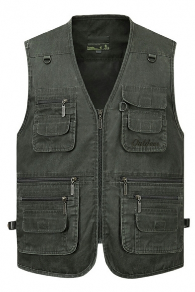 Street Look Guy's Pure Color Multi-pockets V Neck Regular Fit Zip Up Vest