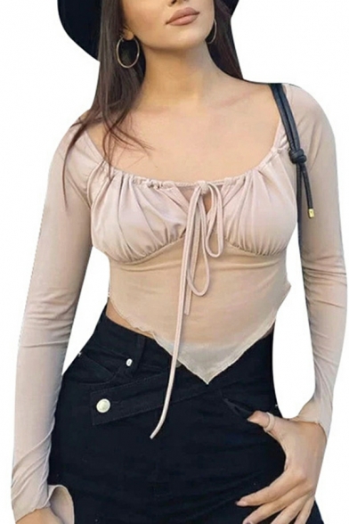 Street Look Women Plain Irregular Long Sleeve Drawstring Scoop Neck Crop Tee Shirt