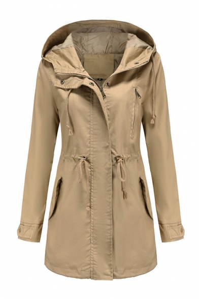 Street Style Girls Solid Color Hooded Drawstring Regular Long-Sleeved Zip Fly Trench Coat