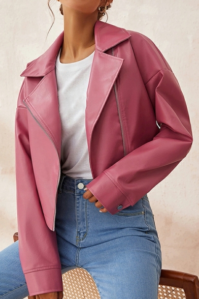 Casual Girls Plain Pocket Lapel Collar Long-Sleeved Relaxed Zipper Leather Jacket
