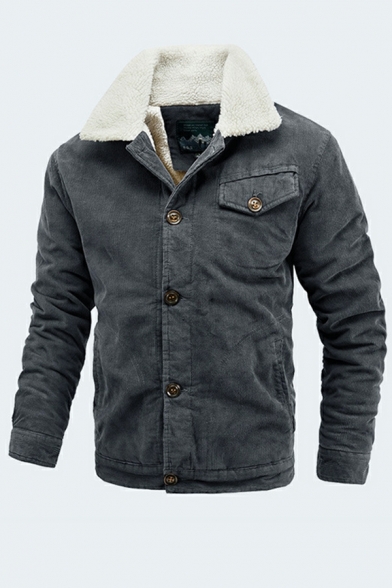 Casual Mens Pure Color Pocket Long-Sleeved Spread Collar Slim Fitted Button-up Jacket