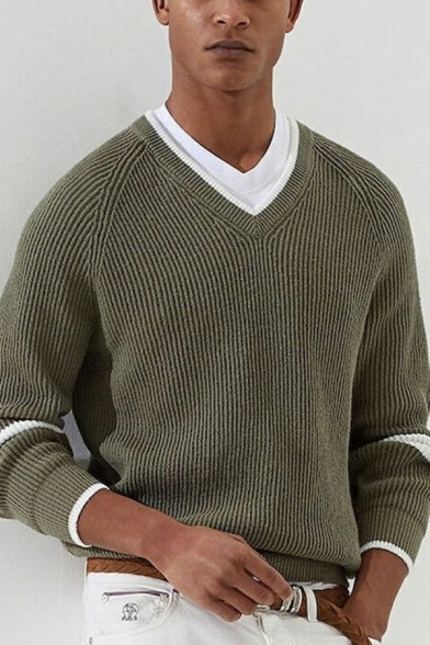 Chic Contrast Color Long-sleeved V Neck Regular Rib Hem Pullover Sweater for Men
