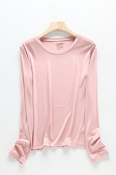 Chic Pure Color Long Sleeve Round Neck Regular Fitted Tee Shirt for Girls