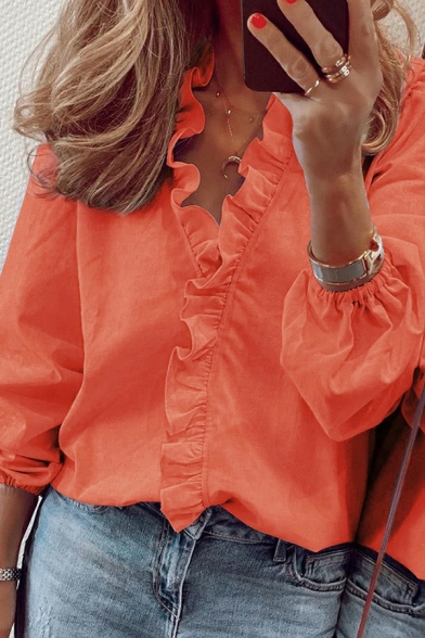 Chic Women Pure Color Long-sleeved V Neck Ruffles Design Fitted Shirt