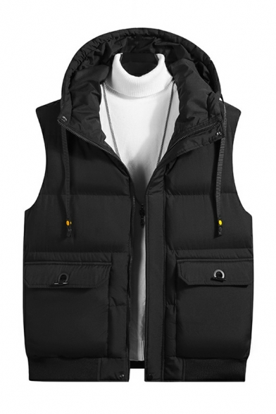 Classic Mens Solid Hooded Drawstring Sleeveless Fitted Big Pocket Zip Closure Vest for Men