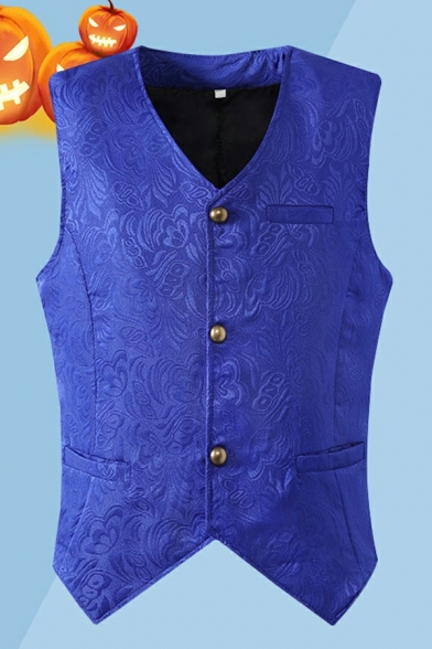 Edgy Mens Flora Pattern V-neck Sleeveless Regular Fitted Single Breasted Vest