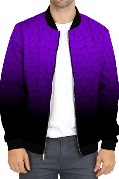 Fashion Men 3D Printed Pocket Stand Collar Long-Sleeved Regular Fit Zip Fly Jacket