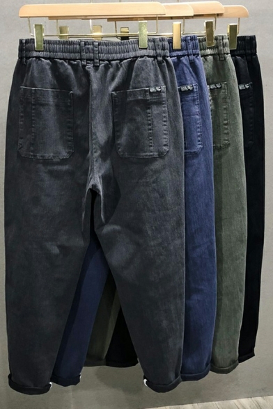 Guy's Edgy Pure Color Full Length Pocket Designed Mid Rise Regular Drawstring Jeans