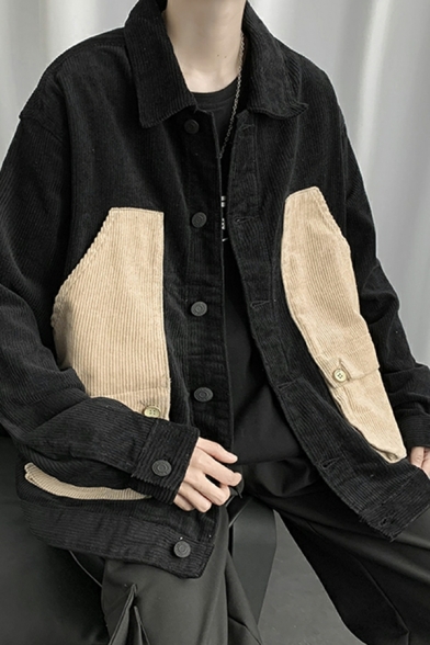 Guy's Street Style Color-blocking Long Sleeve Spread Collar Baggy Button Placket Jacket