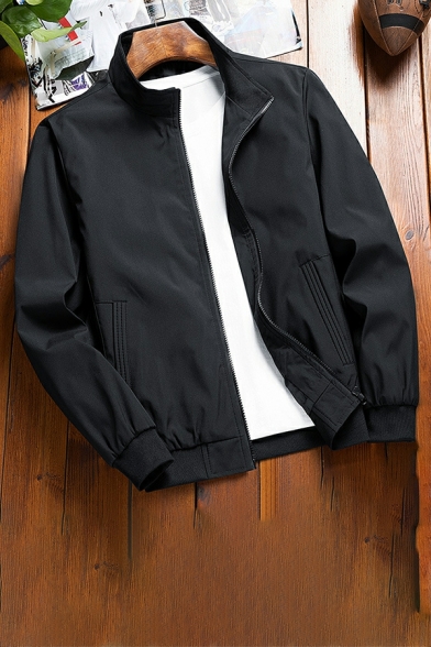 Guy's Street Style Contrast Trim Pocket Long Sleeve Stand Collar Zipper Baseball Jacket