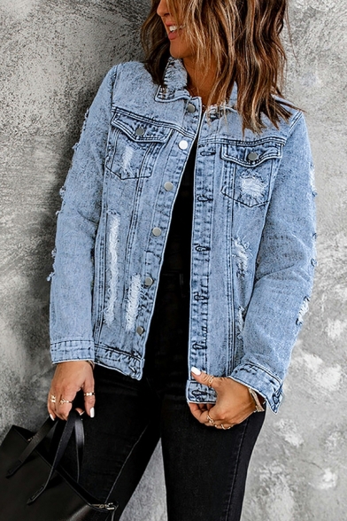 Hot Plain Chest Pocket Spread Collar Ripped Long-sleeved Button Fly Denim Jacket for Girls
