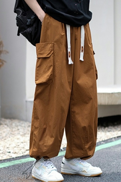 Men Urban Solid Color Flap Pocket Oversized Drawstring Waist Cargo Pants