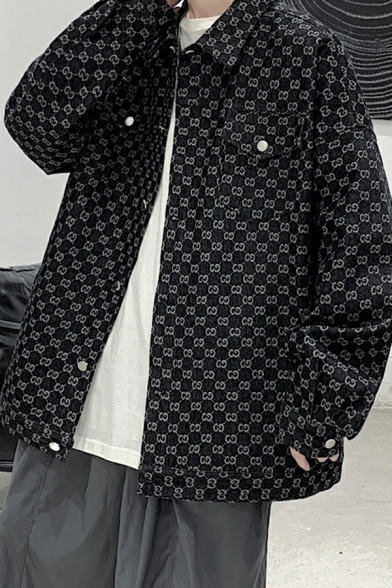 Modern Guys All over Print Baggy Pocket Long Sleeve Turn-down Collar Button Closure Jacket