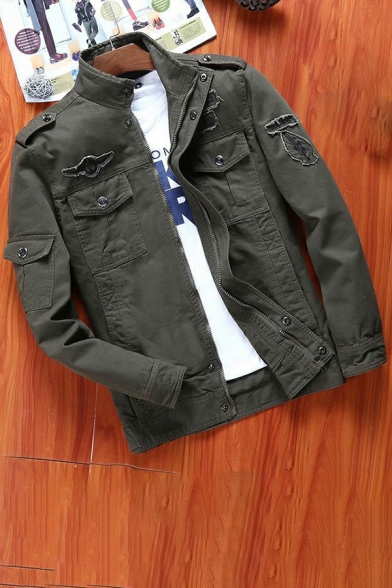 Modern Guys Solid Color Chest Pocket Long Sleeve Stand Collar Fitted Zip down Jacket