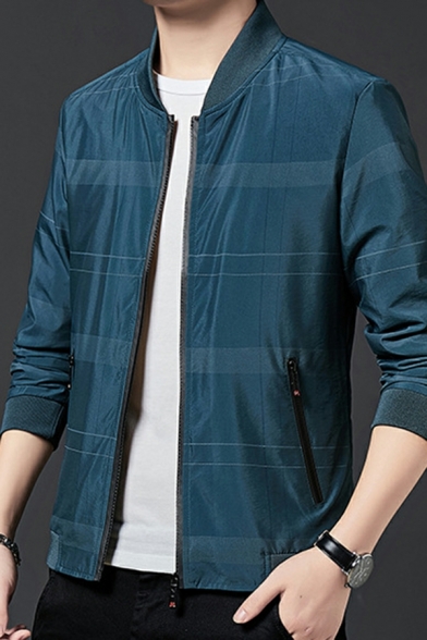 Plus Size Business Jacket Men's Casual Long Sleeve Stand Collar Zipper Plaid Jacket
