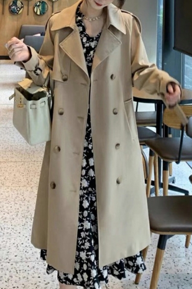Pop Ladies Solid Color Lapel Collar Long-sleeved Fitted Double Breasted Trench Coat