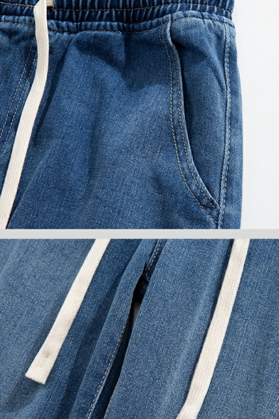 Popular Guy's Plain Mid Rise Pocket Loose Long Length Drawstring Waist Jeans