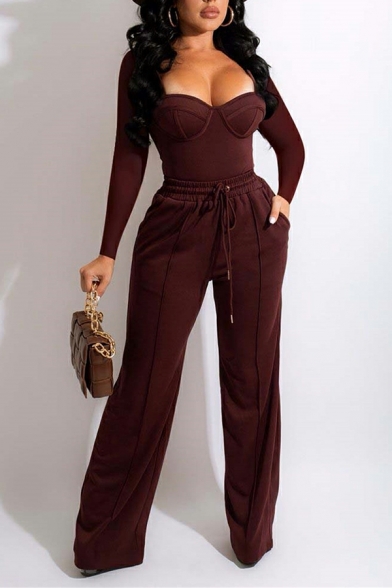 Sexy Solid Color Suit Ladies Long-sleeved Low-cut Top & Casual Tie Trousers