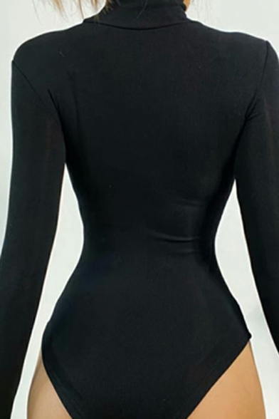 Urban Ladies Solid Color Long Sleeve High Collar Regular Fitted Bodysuit