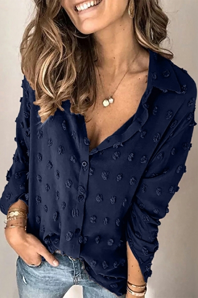 Vintage Girls Polka Dot Printed Turn-down Collar Long Sleeve Button Closure Shirt