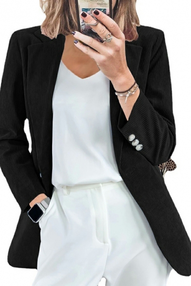 Vintage Women Pure Color Long Sleeve Button Design Lapel Neck Fitted Open Front Blazer