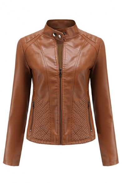 Women Cool Jacket Pure Color Stand Collar Long Sleeves Slim Fit Zip Placket Leather Jacket