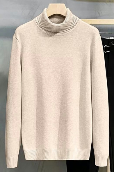 Casual Solid Color Long-sleeved High Collar Regular Pullover Sweater for Men