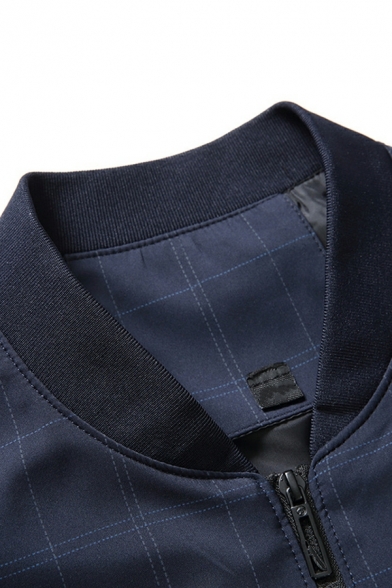 Edgy Men Checked Print Pocket Design Stand Collar Regular Fit Zip Up Baseball Jacket