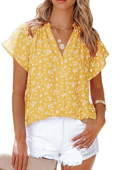 Edgy Women Floral Print Button down V-neck Cap-sleeved Regular Shirt