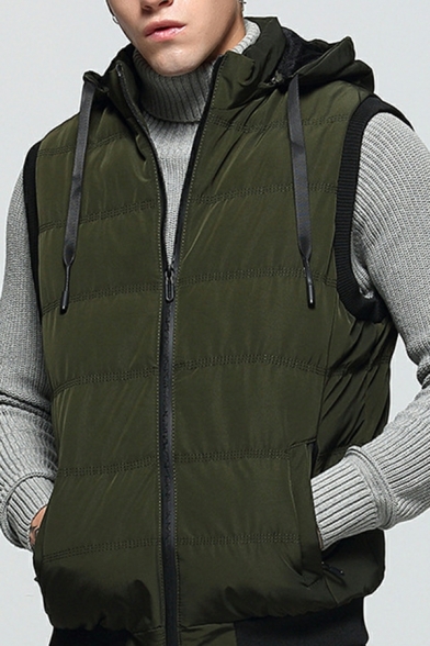 Fashionable Mens Contrast Trim Pocket Drawstring Regular Fitted Hooded Zip Fly Vest