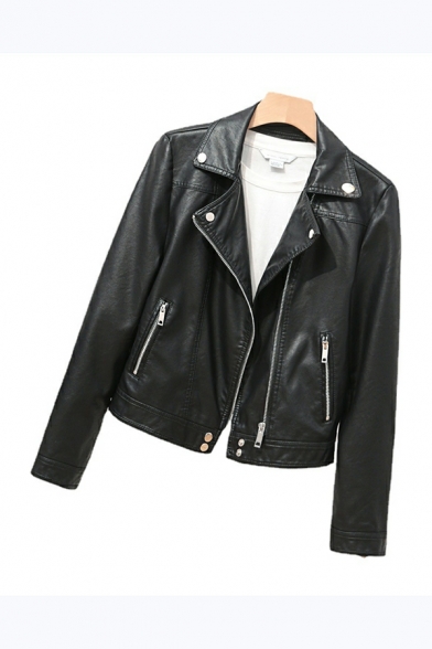 Girls Fashionable Plain Pocket Lapel Collar Long Sleeves Zip Fly Regular Leather Jacket